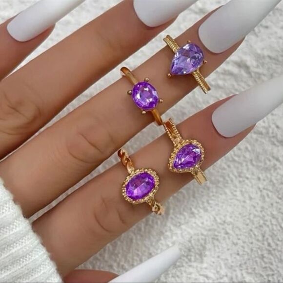 NEW Set of 4 Purple Stone In Rose Gold Tone Rings - Picture 1 of 4